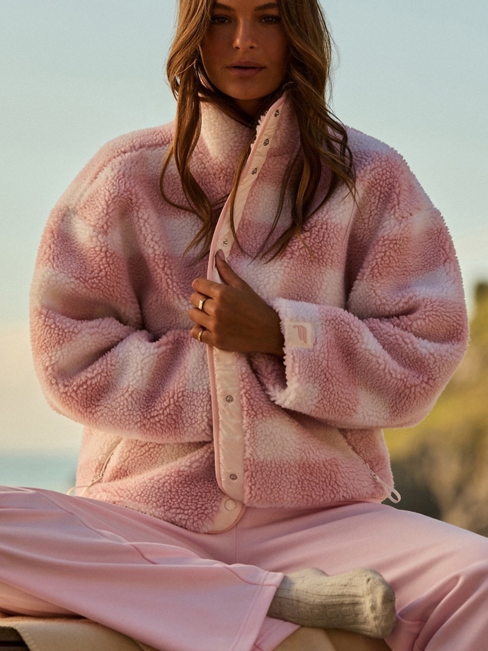 Fabletics Tahoe Teddy Jacket in Champagne Blush Buffalo Check Size Small NEW